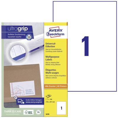 Avery-Zweckform 3478 Universele etiketten 210 x 297 mm Papier Wit 100 stuk(s) Permanent hechtend Inkjet, Laser (zwart/wit), Laser (kleur), Kopiëren Avery-Zweckform 3478 Universele etiketten 210 x 297 mm Papier Wit 100 stuk(s) Permanent hechtend Inkjet, Laser (zwart/wit), Laser (kleur), Kopiëren