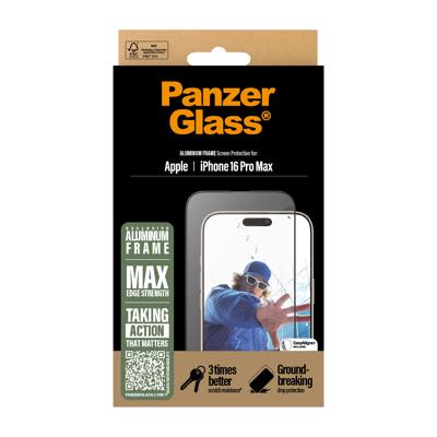 PanzerGlass Aluminium frame schermbeschermer voor Apple iPhone 16 Pro Max 6,9 inch 2024 | Versterkte hoeken voor maximale valbescherming, rand tot rand dekking, krasbestendig, eenvoudig te installeren