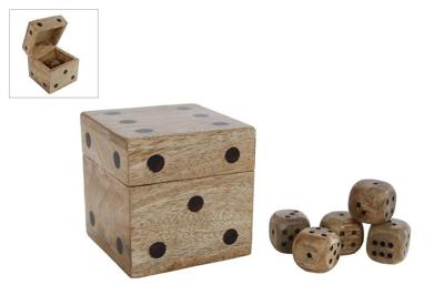 Magohouten Dobbelsteendoos met 5 Dobbelstenen 9x9x9 cm