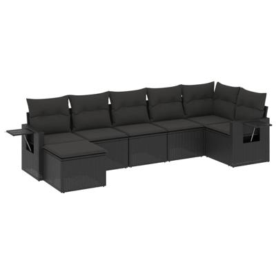 7-delige Loungeset met kussens poly rattan zwart