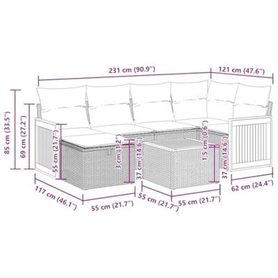 7-delige Loungeset met kussens poly rattan grijs