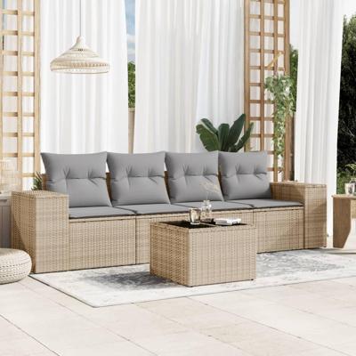 5-delige Loungeset met kussens poly rattan beige - thumbnail