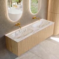 Mondiaz KURVE-DLUX 150 cm Onderkast Greeploos 2 Lades Zonder Deuren Oak, Wastafel Solid Surface Dubbel Glace 0 Kraangaten Zonder Spiegel (KRVSTS1502L0D0KD-Oak/Gla) - thumbnail