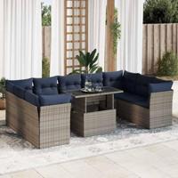 10-delige Loungeset met kussens poly rattan acacia grijs - thumbnail