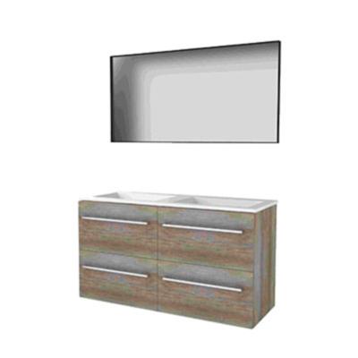 Basic-Line Framed 46 Badkamermeubelset - 120 x 46 cm - Met Grepen - 4 Lades - Acryl Wastafel - Zonder Kraangat - Spiegel met Zwart Aluminium Frame - Scotch Oak