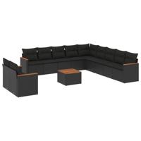 12-delige Loungeset met kussens poly rattan zwart - thumbnail