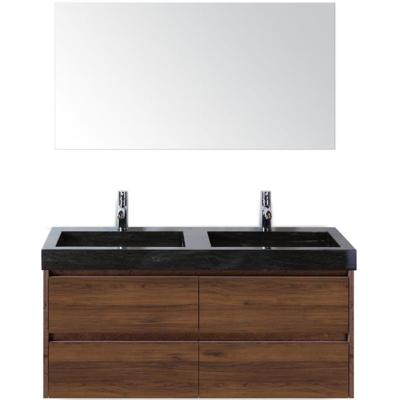 Dante Badmeubelset 120 cm - Walnoot - Wastafel Hardsteen Wit Lucca Dubbel met Spiegel