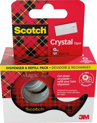 Scotch Crystal Tape plakband ft 19 mm x 7,5 m, dispenser + 3 rolletjes, ophangbaar doosje Scotch Crystal Tape plakband ft 19 mm x 7,5 m, dispenser + 3 rolletjes, ophangbaar doosje
