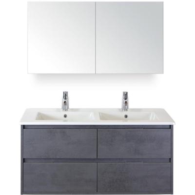 Porto Badmeubelset 120 cm - 4 Laden Beton Antraciet - Keramische Wastafel Wit Slim met Spiegelkast