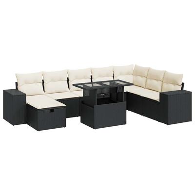 9-delige Loungeset met kussens poly rattan zwart