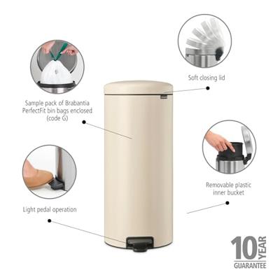 brabantia Newicon 149962 Pedaalemmer (groot) 30 l Staal (Ø x h) 293 mm x 679 mm Lichtbeige Met voetpedaal 1 stuk(s) - thumbnail