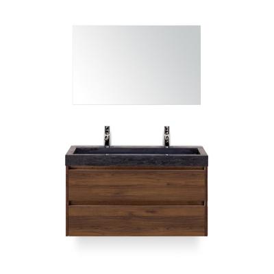 Dante Badmeubelset 100 cm - Walnoot - Wastafel Hardsteen Wit Lucca 2 kraangaten - met Spiegel