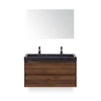 Dante Badmeubelset 100 cm - Walnoot - Wastafel Hardsteen Wit Lucca 2 kraangaten - met Spiegel - thumbnail