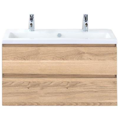 Vogue Badmeubelset 100 cm - Greeplijst in Kleur - Grey Oak - Keramische Wastafel Wit 2 Kraangaten