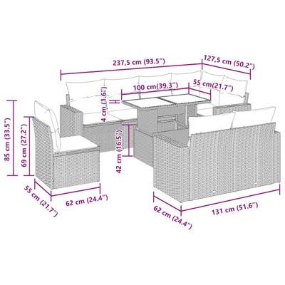 9-delige Loungeset met kussens poly rattan zwart