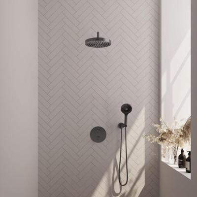 Brauer Stripe thermostatische inbouw regendouche 3-weg rond SET 41 met 25 cm douchekop en gebogen muurarm en 3-standen handdouche en doucheslang en wandaansluitbocht gunmetal geborsteld PVD