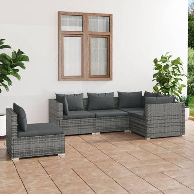 5-delige Loungeset met kussens poly rattan grijs