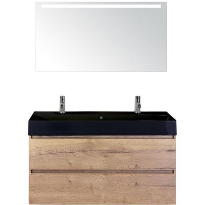Maxx XL Badmeubelset 120 cm - Natuur Eiken - Wastafel Kube Enkel Zwart 2 Kraangaten met LED Spiegel