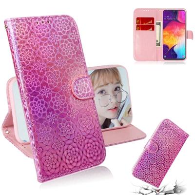 Voor Galaxy A50 effen kleur kleurrijke magnetische Buckle horizontale Flip PU lederen draagtas met houder & kaartsleuven & portemonnee & Lanyard (roze
