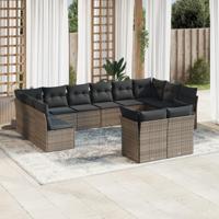 12-delige Loungeset met kussens poly rattan grijs - thumbnail