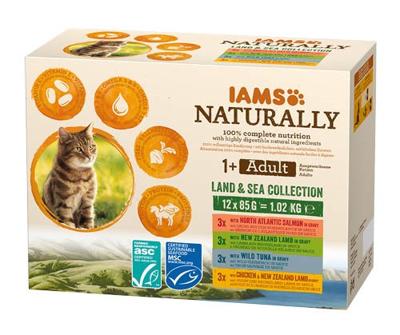 Iams Naturally Adult Land & Sea Collection in gravy natvoer kat (12x85gr) 48 x 85 g
