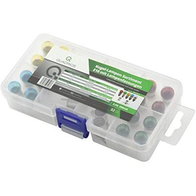 QUADRIOS GmbH Kogellampen 0,7 W assortiment set E10 helder gekleurd (3,5 V / 200 mA) met fittingen, Doku 32-delig (reserveonderdelen voor conventionele verlichting, fiets, tuinlamp, zaklamp, model)