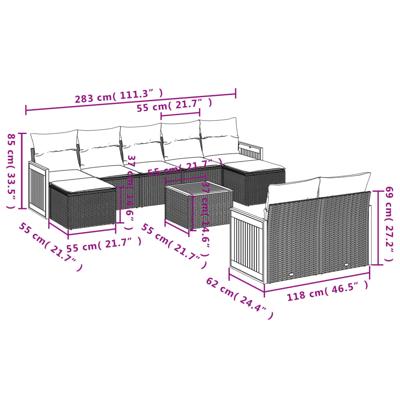 9-delige Loungeset met kussens poly rattan grijs