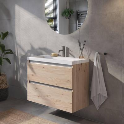 Saqu Gaia ondiep badmeubel incl. glans witte wastafel 80x40x64cm naturel eiken - aluminium greeplijst