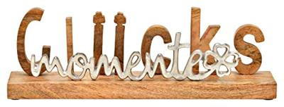 Tekst "Geluksmomenten" op sokkel van mangohout/metaal, bruin/zilver (B/H/D) 38x12x7cm