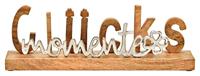 Tekst "Geluksmomenten" op sokkel van mangohout/metaal, bruin/zilver (B/H/D) 38x12x7cm - thumbnail
