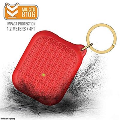 Keyring Case voor AirPods 1 en 2 - Siliconen AirPods-case met textuurpatroon, oplaadlampje zichtbaar, oppervlakteafwerking met extra grip, inclusief sleutelring, compatibel met draadloos opladen - Rood