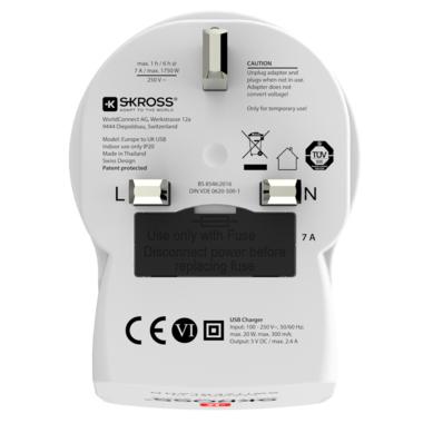 SKROSS | 1.500280 | EUR to UK 2USB | Reisadapter stekker Europa naar VK, USB-oplader 2 poorten 2,4 A - Spanning en vermogen 100V - 1500 W/250 V - 3750 W - Bescherming tegen elektrische schokken