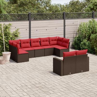 9-delige Loungeset met kussens poly rattan bruin