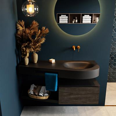 MONDIAZ RIVA 120cm badmeubel onderkast / planchet kleur Dark_Brown met 1 lade. Wastafel DULCET rechts 0 kraangaten kleur Urban.