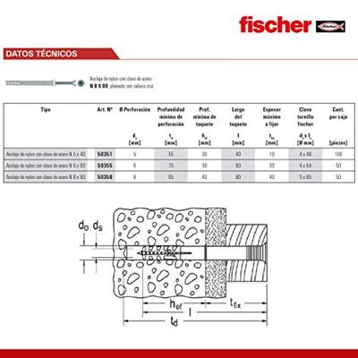 Fischer Nagelplug Nagelplug N 6 x 60/30 S met Verzonken Kop VE=50 - 50355 Fischer Nagelplug Nagelplug N 6 x 60/30 S met Verzonken Kop VE=50 - 50355
