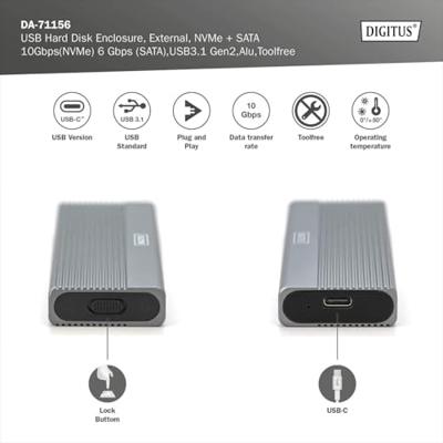 Digitus DA-71156 M.2 SSD-behuizing USB-C 3.2 Gen 1 5 GBit/s M.2 PCIe NVMe 2230, 2242, 2260, 2280 DA-71156 Digitus DA-71156 M.2 SSD-behuizing USB-C 3.2 Gen 1 5 GBit/s M.2 PCIe NVMe 2230, 2242, 2260, 2280 DA-71156