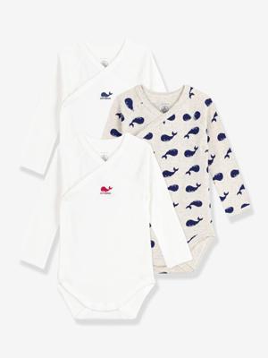 Set van 3 overslag body's met lange mouwen en print baby PETIT BATEAU wit Set van 3 overslag body's met lange mouwen en print baby PETIT BATEAU wit