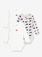 Set van 3 overslag body's met lange mouwen en print baby PETIT BATEAU wit - thumbnail