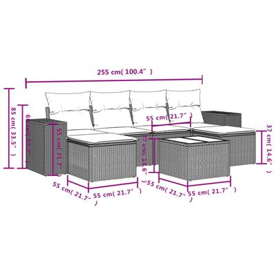 6-delige Loungeset met kussens poly rattan bruin