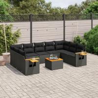 10-delige Loungeset met kussens poly rattan zwart - thumbnail