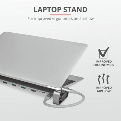 Trust Dalyx 10-In-1 Usb-C-Dockingstation, HDMI-, Netwerk-, Kaartlezer-, USB-C- en USB-A-poorten, met Geïntegreerde Laptopstandaard, voor Laptop, MacBook, Tablet - Grijs