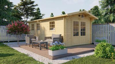 Tuindeco Rick Blokhut 300x600 cm 40 mm vuren blank- Zadeldak- Onbehandeld vurenhout- Tuindeco Tuindeco Rick Blokhut 300x600 cm 40 mm vuren blank- Zadeldak- Onbehandeld vurenhout- Tuindeco