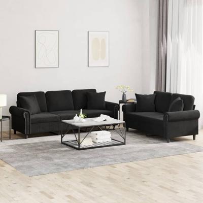 3-delige Loungeset met kussens fluweel zwart - thumbnail