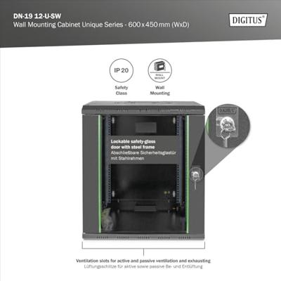Digitus DN-19 12-U-SW 19inch-wandkast (b x h x d) 600 x 643 x 450 mm 12 HE Zwart (RAL 9005) Digitus DN-19 12-U-SW 19inch-wandkast (b x h x d) 600 x 643 x 450 mm 12 HE Zwart (RAL 9005)