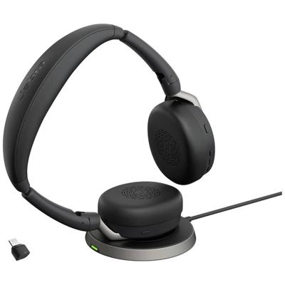 Jabra Evolve2 65 Flex Link380c MS + Ladepad On Ear headset Bluetooth Stereo Zwart Noise Cancelling Headset, Microfoon uitschakelbaar (mute), Volumeregeling,