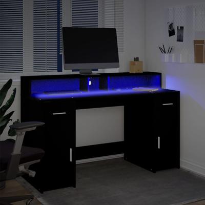 Bureau met LED-verlichting 140x55x91 cm bewerkt hout zwart