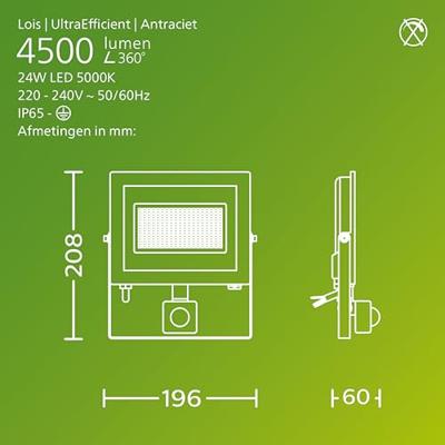 Philips LED Lois 929004643501 LED-buitenschijnwerper met bewegingsmelder 24 W Lichtkleur (naam): Koudwit Philips LED Lois 929004643501 LED-buitenschijnwerper met bewegingsmelder 24 W Lichtkleur (naam): Koudwit