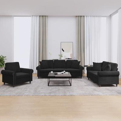 3-delige Loungeset met kussens fluweel zwart - thumbnail