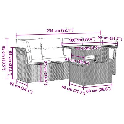 5-delige Loungeset met kussens poly rattan grijs - thumbnail