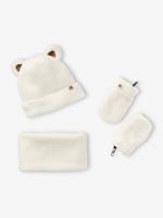 Set voor babyjongen 'Bear Mood' met muts + snood + wanten van sherpa ecru - thumbnail